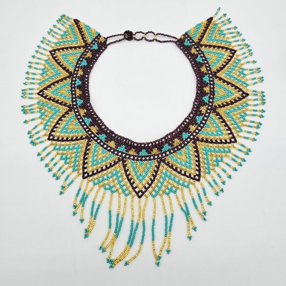 Huichol Beaded Collar Necklace| Handmade Purple, Turquoise & Gold – New from Mex - Picture 10 of 16
